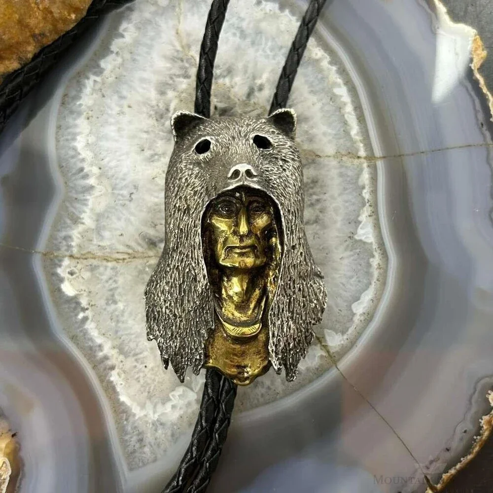Sid Bell Tully NY Bronze & Puter Man Inside Bear Decorated Bolo Tie For Men